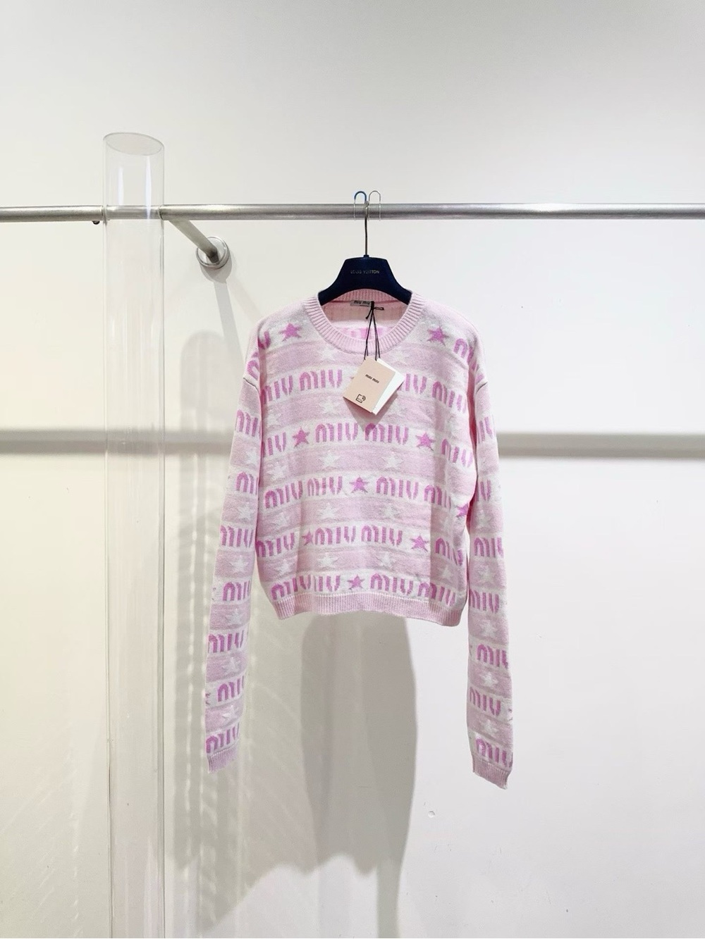 Miu Miu Pink and White Logo Knit Sweater